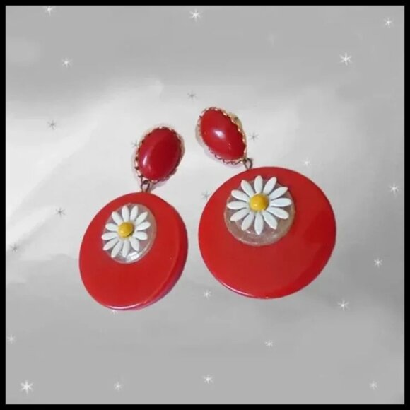 Red Hoop Earrings With Daisy Dangles OOAK Recycled Vintage Retro Vibe - Picture 3 of 9